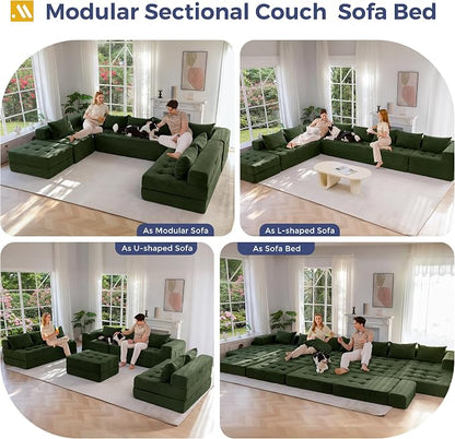 MAXYOYO Modular Sectional Sofa Couch, Foldable Oversized U Shaped Cloud Couch with Pillows, Tufted Boneless Lounger Floor Sofa Bed for Living Room, No Assembly Required, Dark Green