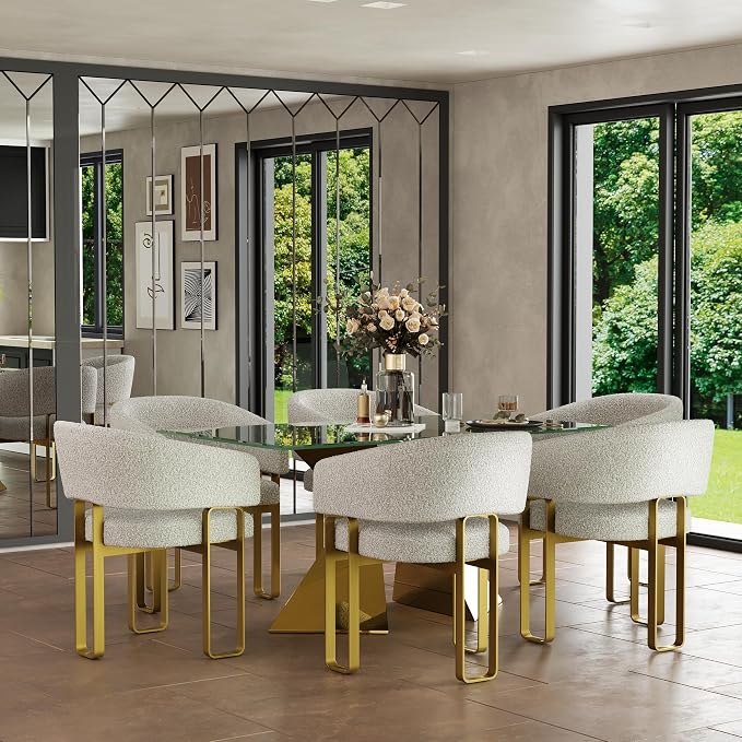 Gold Dining Chair with Arms, Luxury Off White Boucle Upholstered Barrel Dining Room Chairs with Armrest & Brushed Gold Metal Frame for Kitchen(5 PCS)