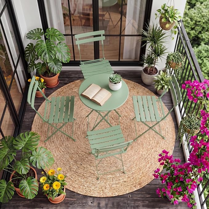 Bistro Table and Chairs Set of 4, 5 Piece Outdoor/Indoor Folding Patio Bistro Sets, 4 Chair Patio Furniture Set with Table, Premium Frame Foldable Coffee Tables for Balcony, Yard, Garden, Green