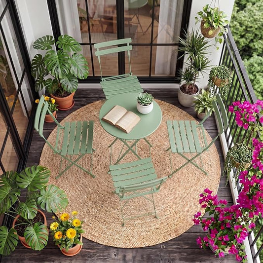 Bistro Table and Chairs Set of 4, 5 Piece Outdoor/Indoor Folding Patio Bistro Sets, 4 Chair Patio Furniture Set with Table, Premium Frame Foldable Coffee Tables for Balcony, Yard, Garden, Green