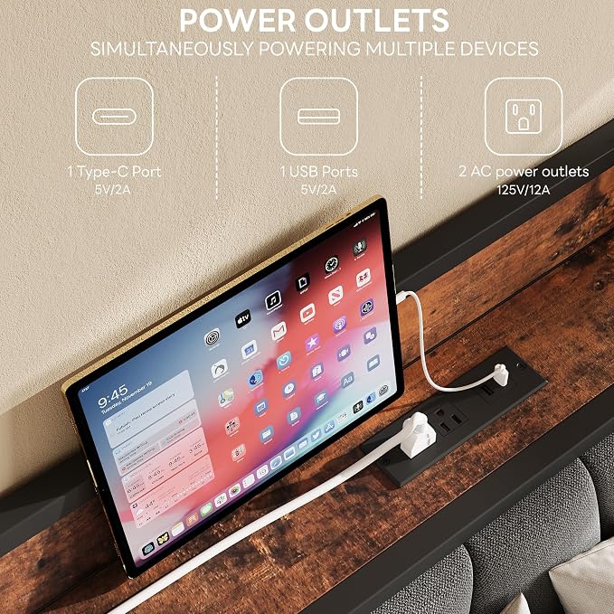 LIKIMIO Twin Bed Frames, Storage Headboard with Charging Station, Solid and Stable, Noise Free, No Box Spring Needed, Easy Assembly