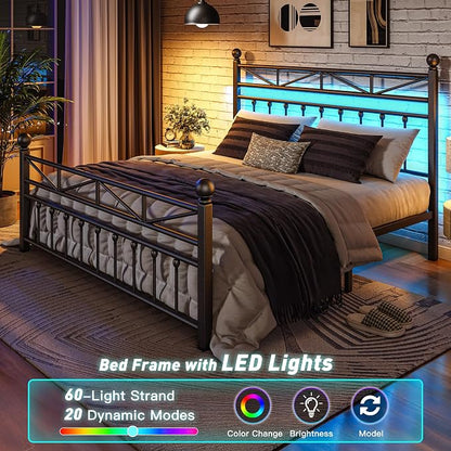 EnHomee 14.2" Queen Size Metal Platform Bed Frame, Tall Headboard and LED Lights, Victorian Vintage Style，Under Bed Storage, Heavy Duty Metal Slats & Noise Free, Black
