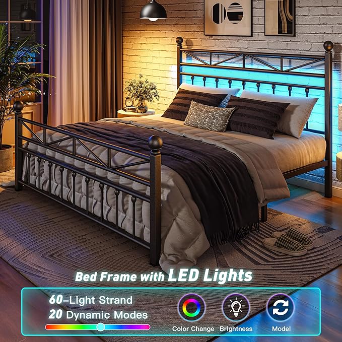 EnHomee 14.2" King Bed Frame with Tall Headboard & Footboard, Metal Bed Frame with Strong Slats Support and Noise-Free Design，Under Bed Storage，No Box Spring Needed，Black