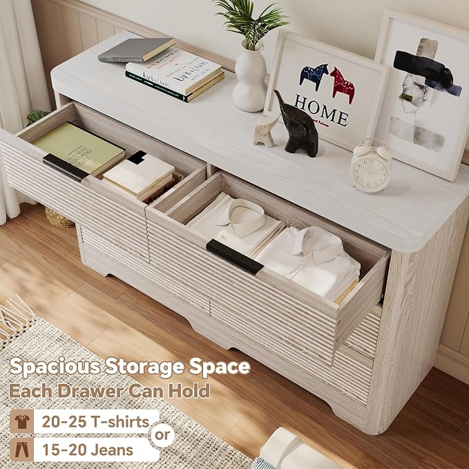 FUSUNBAO Fluted 6 Drawer Dresser, Modern Wood Dresser for Bedroom,TV Stand,Thickened Curved Profile Design,Bedroom,Entryway,Wood Drawer Organizer(Natural Oak)