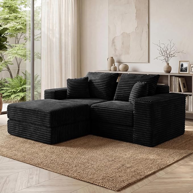75'' L-Shaped Cloud Modular Sectional Couch with Chaise, Modern Corduroy Memory Foam Sofa Bed, Upholstered Boneless Deep Seat Fluffy Sleeper Sofa, for Living Room, No Assembly Needed (Black)