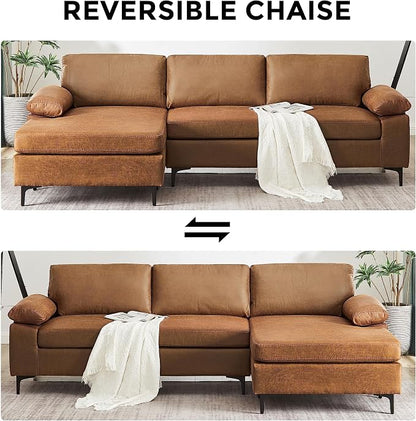 VANOMi Faux Leather Couch for Living Room, 100" Sofas & Couches with Convertible Chaise 3-Seater Sectional Sofas for Living Room, Apartment, Office, Brown | Right/Left L-Shaped