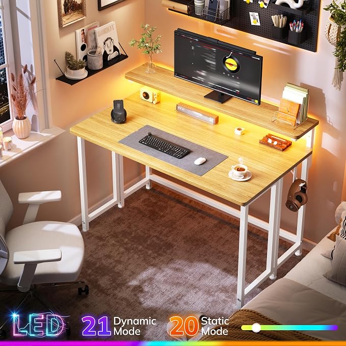 DurayLoly Folding Table with RGB Light for Small Space, 31.5" Folding Computer Desk for Space Saving Sofa Table for Couch, Home Work Office Desk with Monitor Stand, Easy to Fold with Hooks, Oak