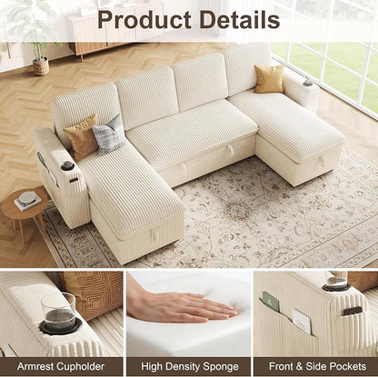 Sectional Sleeper Sofa with Pull Out Bed, Plush Corduroy Sectional Sofa with Double Storage Chaise and Adjustable Backrest, Cloud Sectional Couches for Living Room, Apartment, Beige