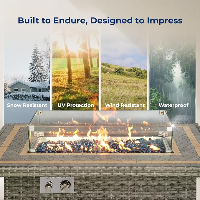 SereneLife Sturdy Wicker Base Propane Fire Pit Table with Tile Top, Patio Heater & Propane Heater, Sliding Door, Stainless Steel Burner, Tempered Glass Wind Guard, 50000 BTU, Weather Resistant
