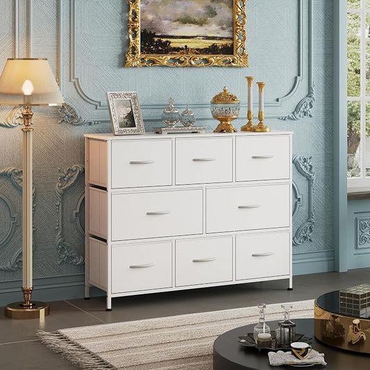 WLIVE 8 Drawer Dresser for Bedroom, Fabric White Dresser with Large Storage Drawer Unit for Entryway, Chest of Drawers for Living Room
