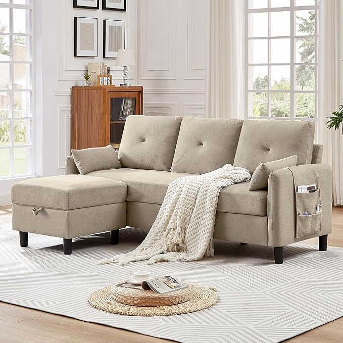 Convertible Sectional Sofa, 77" Small L Shaped 3 Seat Couch with Reversible Storage Chaise, Modern Polyester Fabric Sofa Couches for Living Room, Apartment and Small Space, Beige
