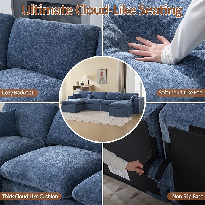 146''Cloud Boneless Sectional Couch, Modular Sectional Sofa Deep Seat with 2 Ottomans, Oversized Upholstered Convertible Comfy 6 Seater Chenille Sofa U Shape Couches for Living Room, Blue