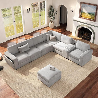 Vesgantti Oversized Modular Sectional Sofa, 6-Seater Chenille L Shaped Modular Sofa with Ottoman, 2 Cup Holders, USB Port, Storage Box, Sectional Couches for Living Room, Meeting Room, Light Grey