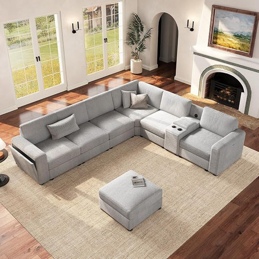 Vesgantti Oversized Modular Sectional Sofa, 6-Seater Chenille L Shaped Modular Sofa with Ottoman, 2 Cup Holders, USB Port, Storage Box, Sectional Couches for Living Room, Meeting Room, Light Grey