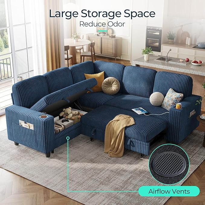 LINSY HOME Sleeper Sofa Bed with Pull Out Couch Modular Sectional Sofa (Blue, Sleeper Sofa 2) | Pull Out Sofa Bed, USB Charging, Cup Holders, Plush Corduroy, Storage