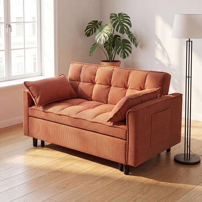 3 in 1 Convertible Sofa Bed, Corduroy Fabric Loveseat Sleeper Couch, Modern Pull Out Couch with Side Pockets, Sleeper Sofa Bed with Adjustable Backrest for Living Room, Orange