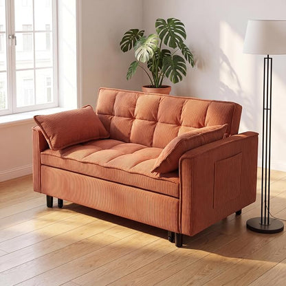 3 in 1 Convertible Sofa Bed, Corduroy Fabric Loveseat Sleeper Couch, Modern Pull Out Couch with Side Pockets, Sleeper Sofa Bed with Adjustable Backrest for Living Room, Orange