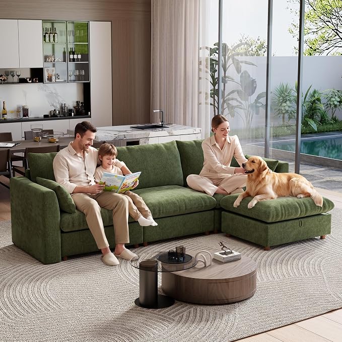 Ihanherry 117" Oversized Modular Sectional Sofa, Modern L Shaped Cloud Couch with Storage Ottoman, 4-Seat Comfy Chenille Deep Seat Sofa with 2 Pillows for Living Room, Green