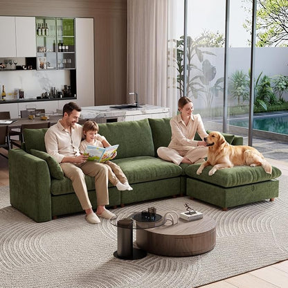 Ihanherry 117" Oversized Modular Sectional Sofa, Modern L Shaped Cloud Couch with Storage Ottoman, 4-Seat Comfy Chenille Deep Seat Sofa with 2 Pillows for Living Room, Green