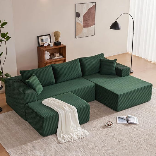 Mangodan 110” Cloud Sectional Couch, Boneless Sofa for Living Room, Modular Sectional Sofa with Deep Seat, Comfy Fluffy U-Shaped Couch with Right-Facing Chaise, No Assembly Required, Green