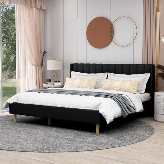AGARTT Upholstered Platform Bed Frame King Size with Headboard and Footboard/Wooden Slats Support/No Box Spring Needed/Easy Assembly,Black Linen