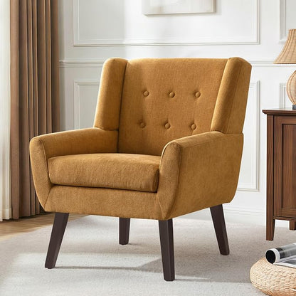HUIMO Accent Chair, Button Tufted Upholstered Sofa Chairs, Comfy Linen Fabric Armchair for Bedroom, Reading, Mid-Century Modern Living Room Chair (Yellow)