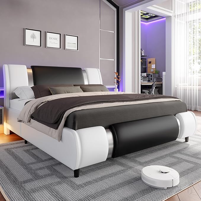 Keyluv Modern Queen Size Bed Frame with Mirror Metal Decoration, Faux Leather Upholstered Platform Bed with Curved Headboard, Wooden Slats Support, No Box Spring Needed, WhiteBlack