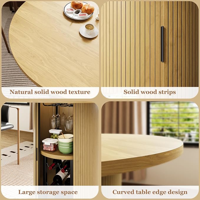 Wildhome Round Dining Table for 2-3, 31 Inch Dining Room Kitchen Table with 2-Tier Storage Shelf & Wine Rack, Modern Farmhouse Fluted Wood Slide Door Dinner Furniture,Circle(Non scalable-32 Inch-Oak)