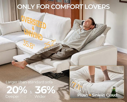 174.4'' Oversized Modular Power Recliner Sofa with Headrest, Deep Cloud Couch with Table, Charging Cup Holders, Convertible U-Shaped 6-Seater Sectional with 2 Storage Ottomans, Chenille, White