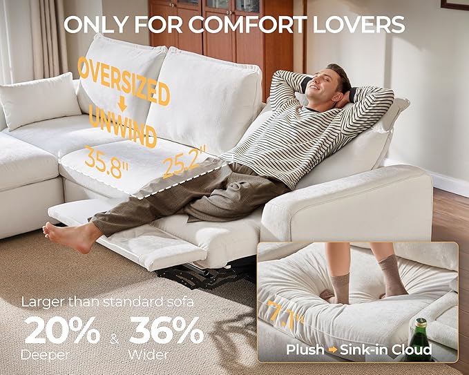 Oversized Modular Sectional Sofa with Double Power Recliner, Cloud Reclining Couch with Headrest, Storage Drawer Charging Cup Holders, Deep L-Shaped 6 Seater with Corner, Chenille, White