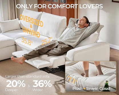 Oversized Modular Sectional Sofa with Double Power Recliner, Cloud Reclining Couch with Headrest, Storage Drawer Charging Cup Holders, Deep L-Shaped 6 Seater with Corner, Chenille, White
