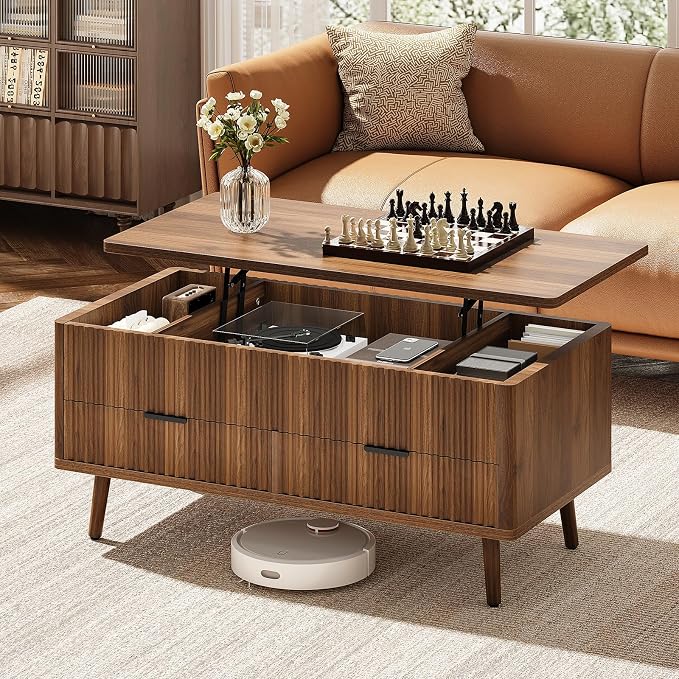 Lift Top Coffee Table with Storage - Fluted Wood Coffee Tables for Living Room with Drawers & Hidden Compartment, Mid Century Modern Square Large Center Table for Home Office Reception Walnut