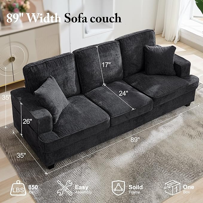 Korser 89" Couches for Living Room with Deep Seats, 3 Seater Sofa Couch, Mid Century Modern Chenille Sofa with Armrests, Upholstered Comfy Sofas for Living Room, Bedroom, Apartment, Office (Grey)