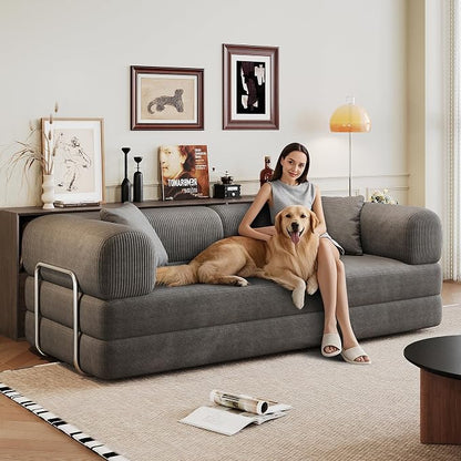 JINGLING 79" Queen Sleeper Sofa Bed with Memory Foam, Compressed Couch in a Box, Foldable Convertible Small Couches for Small Spaces Bedroom Game Room, Corduroy Fabric, Grey