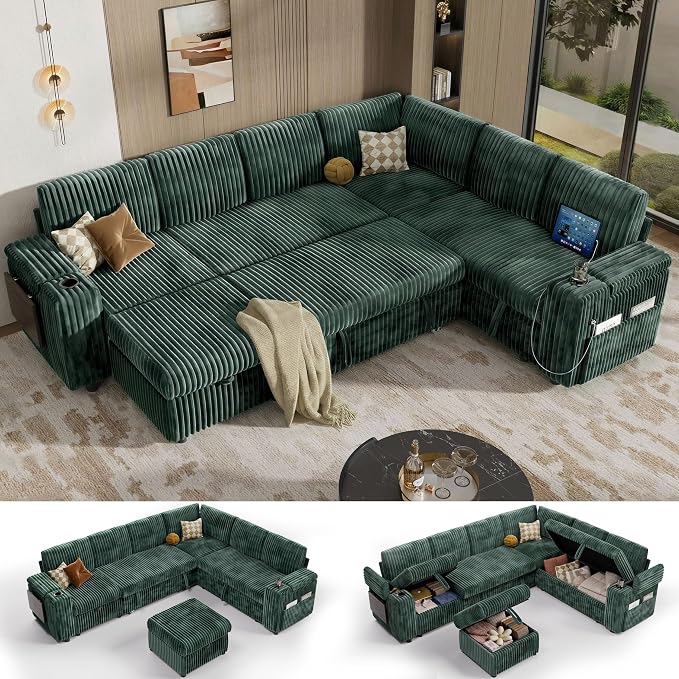 Vipbear 111" Modular Sectional Sleeper Sofa with Pull Out Bed, 7 Seat Corduroy L Shaped Couch with Ottoman|USB Ports|Cup Holders|Side Table|Storage Armrest, Tool Free Assembly, Green