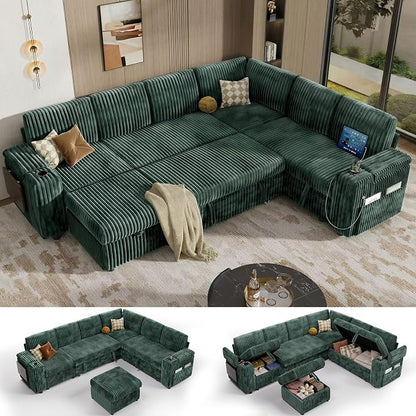 Vipbear 111" Modular Sectional Sleeper Sofa with Pull Out Bed, 7 Seat Corduroy L Shaped Couch with Ottoman|USB Ports|Cup Holders|Side Table|Storage Armrest, Tool Free Assembly, Green