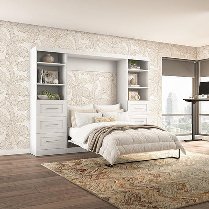 Bestar Pur Full Murphy Bed and 2 Shelving Units with Drawers, 109-inch Space-Saving Sleeping Arrangement in White