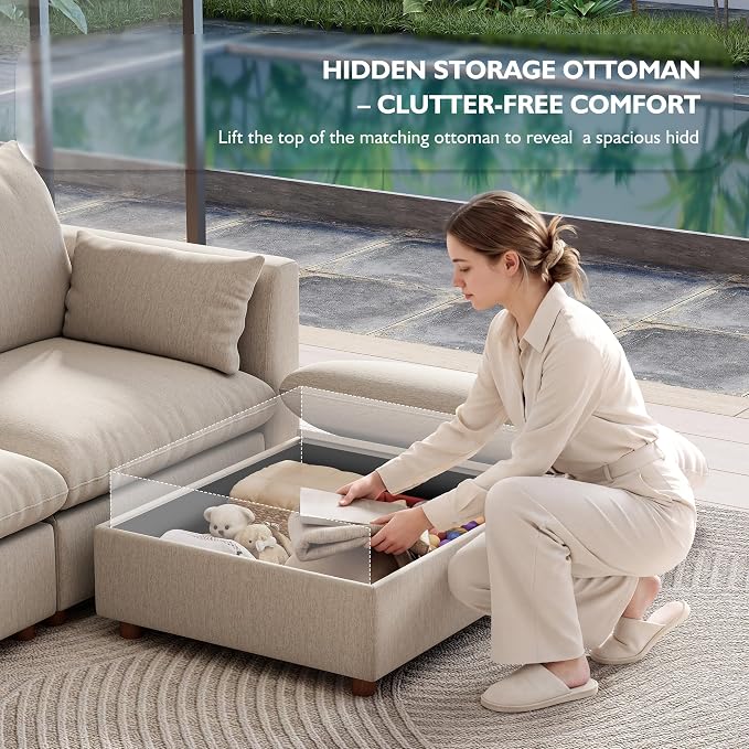 Ihanherry 117" Oversized Modular Sectional Sofa, Modern Cloud Couch with 3 Storage Ottoman, 6-Seat Comfy Chenille Deep Seat Sofa with 2 Pillows for Living Room, Khaki