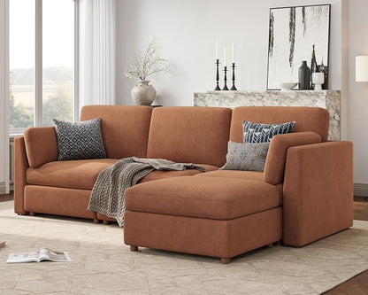 Oversized Modular Sectional Sofa L-Shaped Cloud Couches Brown | 116'' Deep Seat Couch for Living Room, 4-Seater Luxury Corner sofa with Ottoman, Solid Wood Frame, Removable Washable Cover
