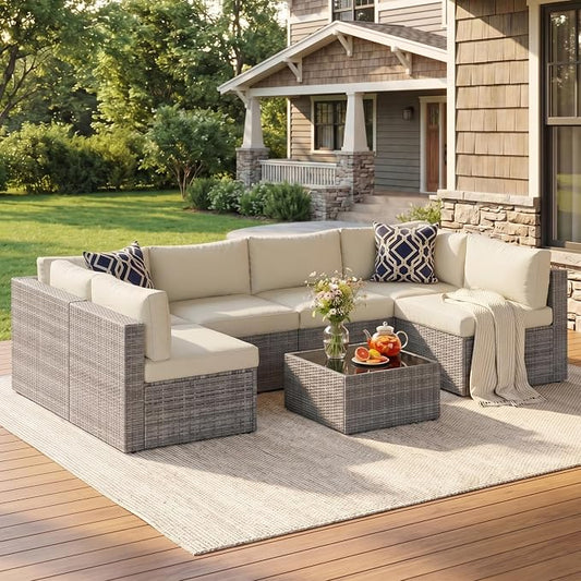 May in Color 7 Pieces Wicker Outdoor Patio Furniture Set, Patio Sectional Sofa with Coffee Table, All-Weather Outdoor Sectional Furniture for Garden Backyard, Beige