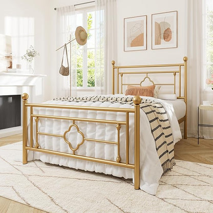 Allewie Twin Size Metal Platform Bed Frame with Victorian Vintage Headboard and Footboard/Mattress Foundation/Under Bed Storage/No Box Spring Needed/Noise-Free/Easy Assembly, Gold