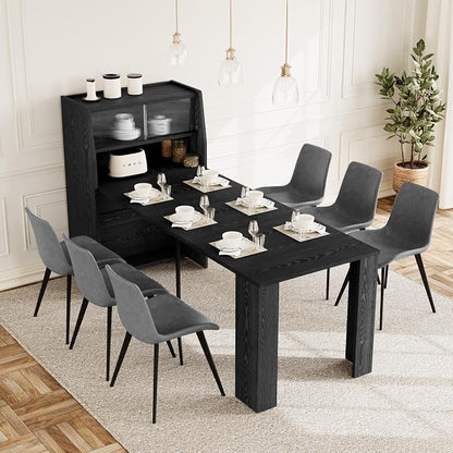 HIPIHOM 86.6" Extendable Kitchen Table Set for 6, Storage Cabinet | Space-saving Extendable MDF Dining Set with 6 Grey Chairs, Family Meal, Apartment, Small Room