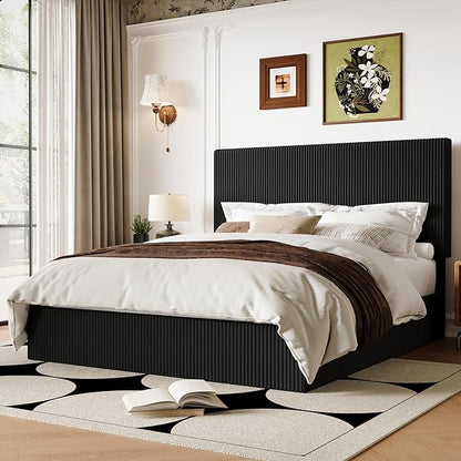 Allewie Full Bed Frame, Upholstered Platform Bed, Adjustable Vertical Channel Tufted Headboard, Corduroy Fabric, Modern Low Profile, Wooden Slats, No Box Spring Needed, Easy Assembly, Black