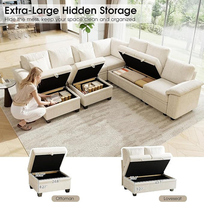 107.8" Oversized Modular Sectional Sofa with Pull Out Bed, 9 Seat U Shaped Sectional Sleeper Sofa with 291L Storage, Convertible Cloud Couch Bed, Sectional Couches for Living Room, Apartment (Beige)