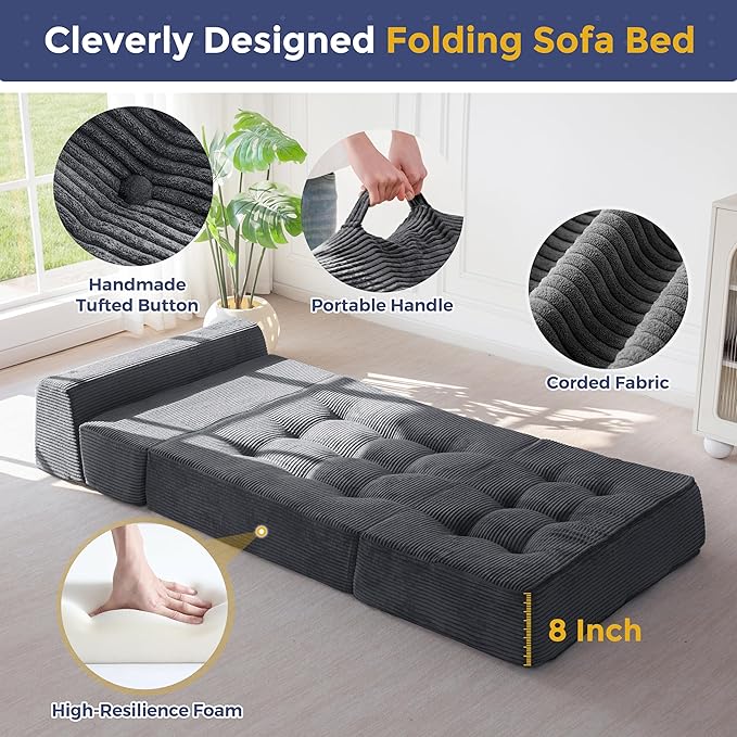MAXYOYO 8" Folding Sofa Bed, Fold Out Chair Bed, Convertible Floor Sofa Couch, High-Density Foam Tufted Lounge Couch for Living Room Bedroom Dorm, Single, Dark Grey