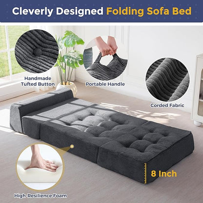 MAXYOYO 8" Folding Sofa Bed, Fold Out Chair Bed, Convertible Floor Sofa Couch, High-Density Foam Tufted Lounge Couch for Living Room Bedroom Dorm, Single, Dark Grey