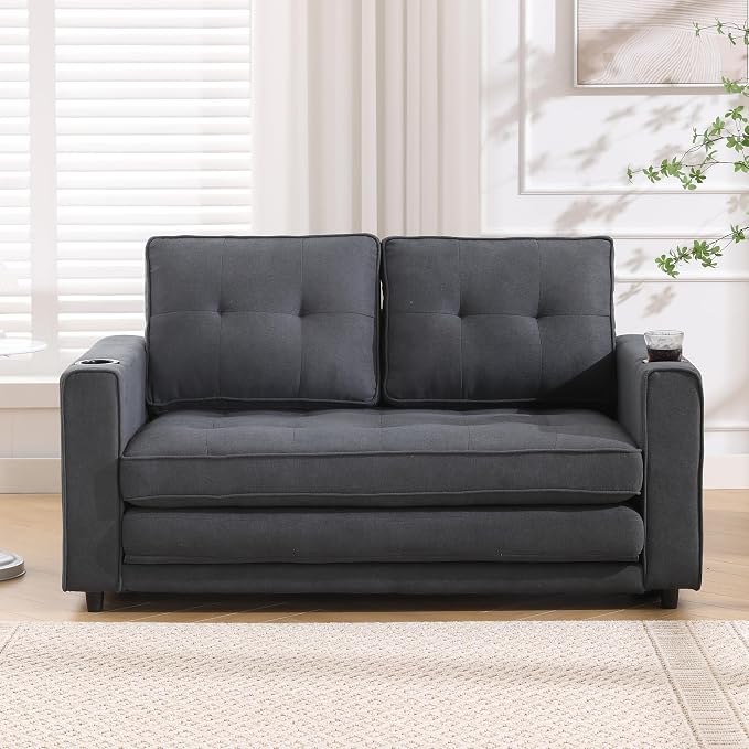 ERYE Foldable Loveseat Sofa Convertible Pull Out Sleeper Sofabed,2 Seat Tufted Upholstered Sofa Modern Convertible Sleeper Couch Bed with Cupholders and Side Pockets