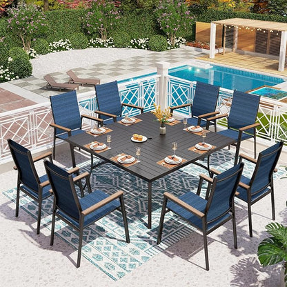 PHI VILLA 9 PCS Patio Dining Set, Aluminum Outdoor Furniture, Patio Table and Chairs for 8, Lightweight Stackable Chairs with Breathable Fabric and Large Square Metal Table for Garden Yard Deck, Blue