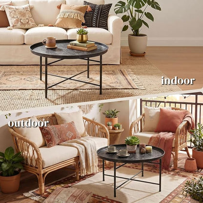HOMCOM 24" Round Coffee Table with Hammered Tray Top, Vintage Metal Center Table for Living Room, Bedroom, Side Table, Pewter