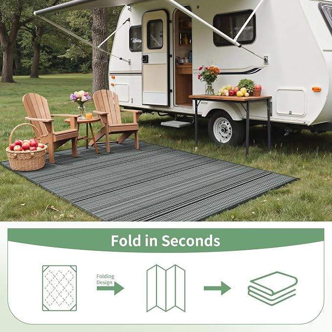 GENIMO Outdoor Rug for Patio Clearance, 5'x8' Reversible Plastic Straw Rugs, Lightweight Waterproof RV Camping Mat for Camper, Balcony, Deck, Backyard, Picnic, BlackGray